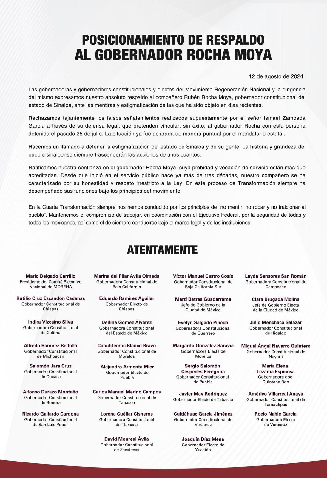 Carta de Mandatarios morenistas