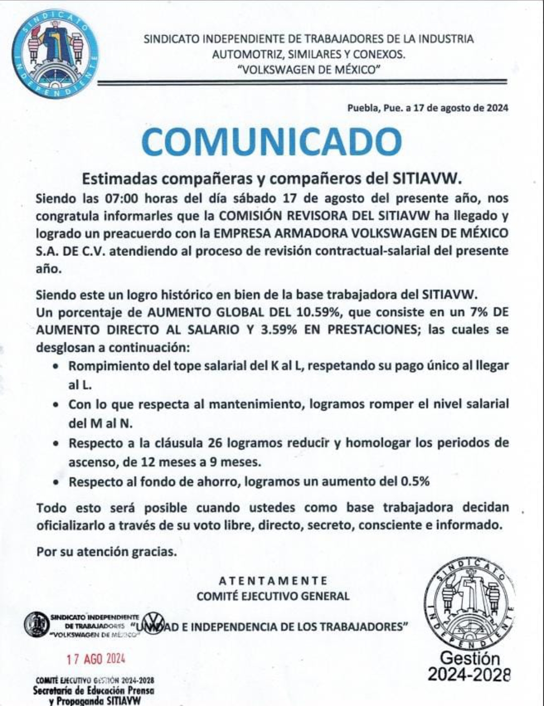 Comunicado Oficial del SITIAVW