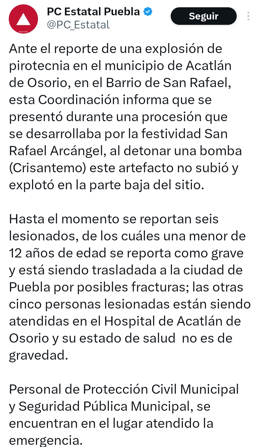 Protección Civil Estatal atiende la emergencia
