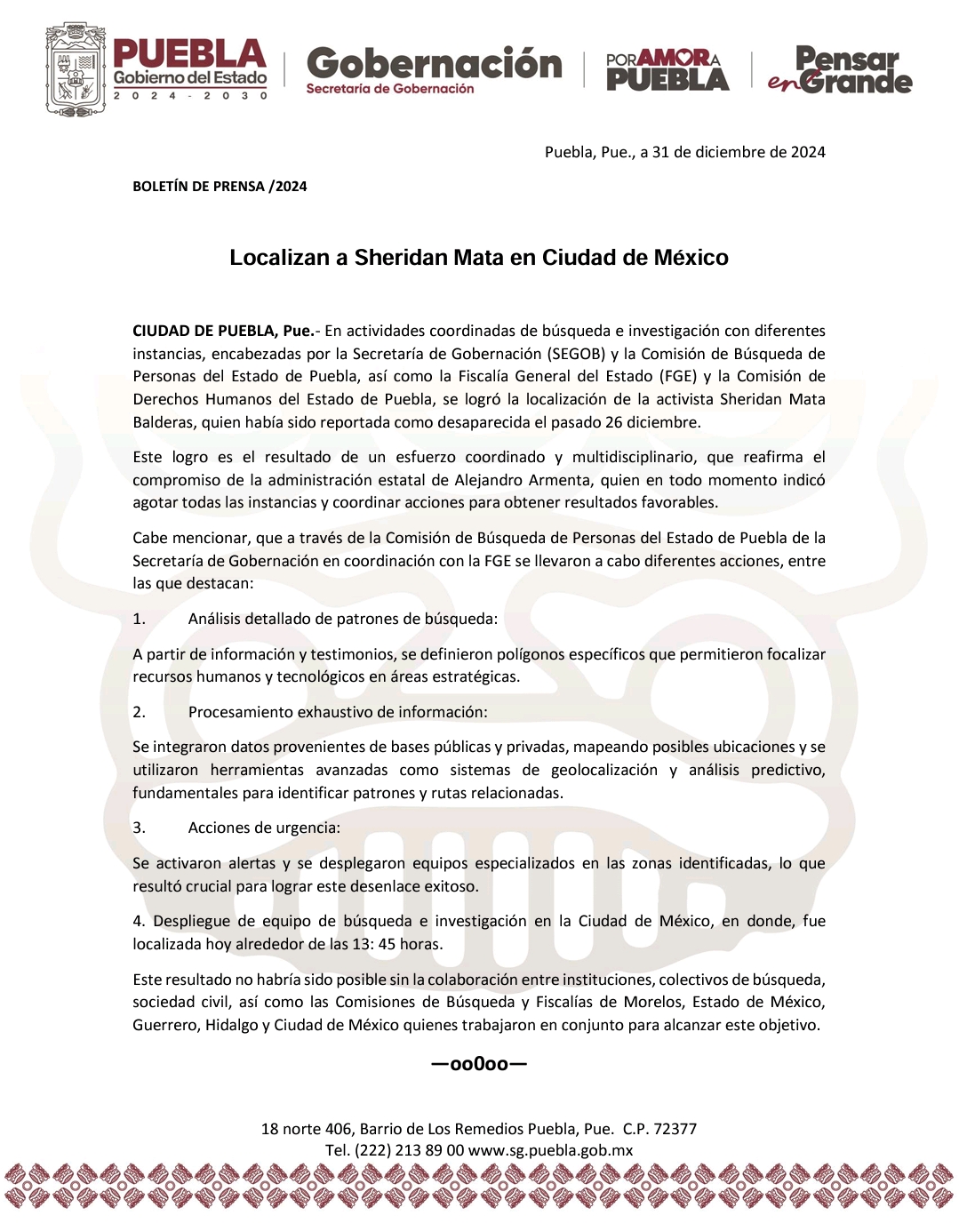 El comunicado emitido en Puebla