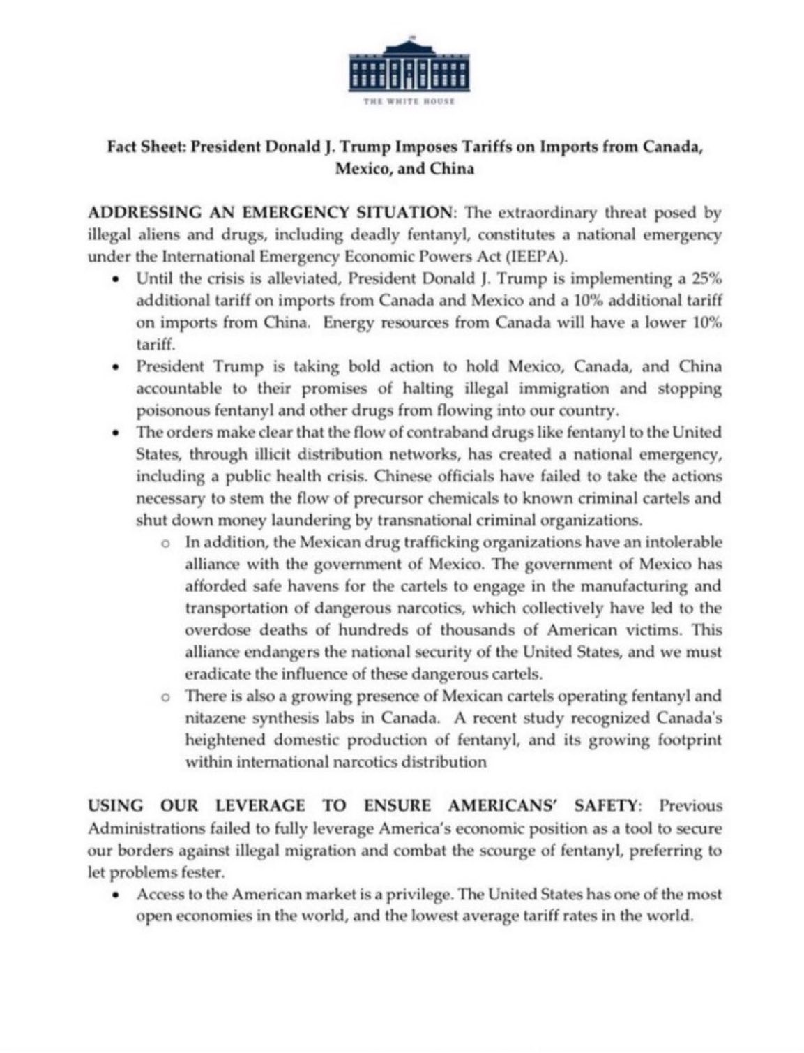 Comunicado de la Casa Blanca