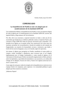 Arquidiócesis de Puebla celebra elección del Papa León XIV