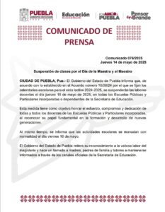 Suspenden clases en Puebla el 15 de mayo por el Día del Maestro