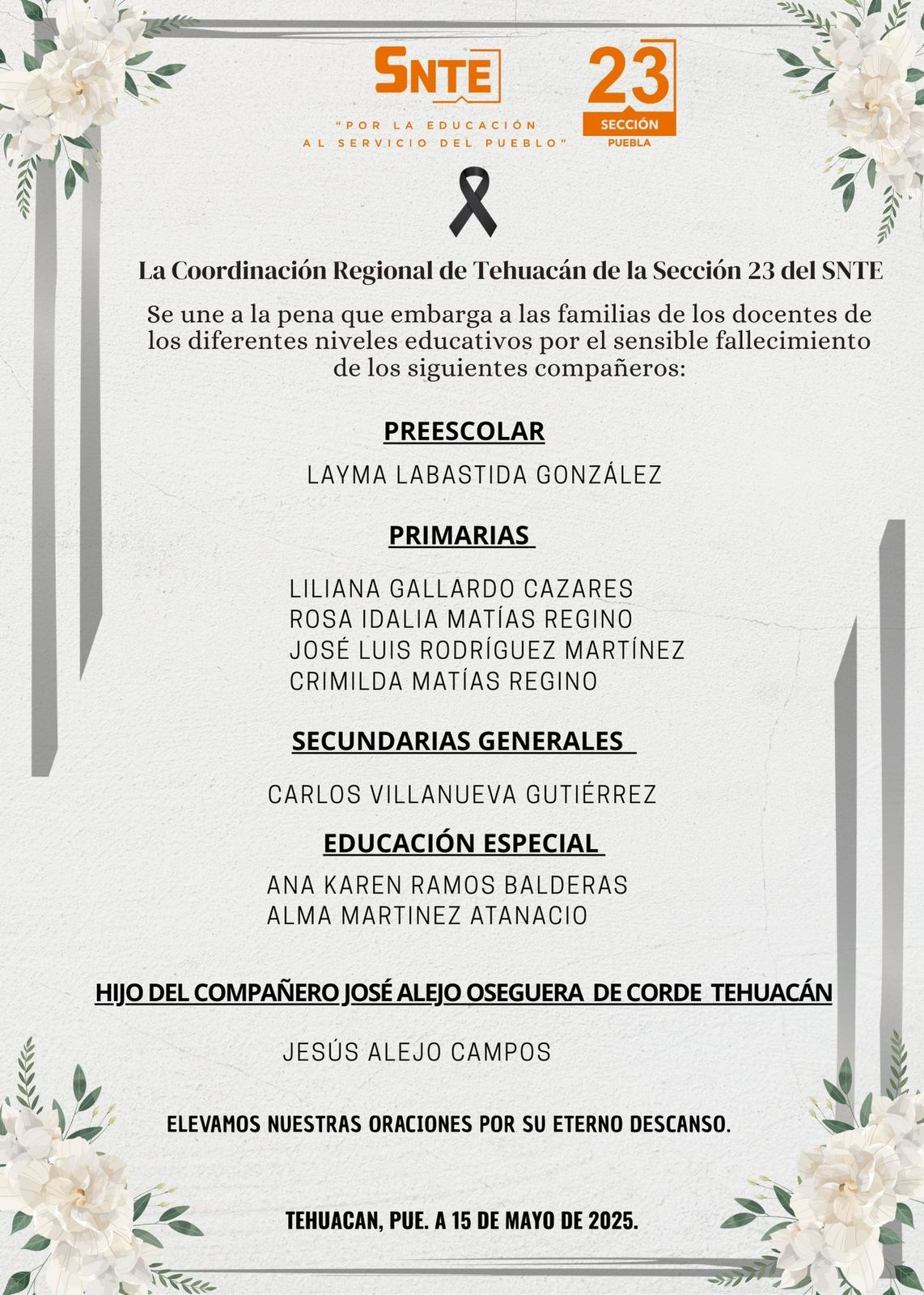 SNTE Tehuacán lamenta muerte de docentes en accidente vial