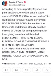 Trump exige investigación por pagos a Beyoncé y otras celebridades en campaña de Harris