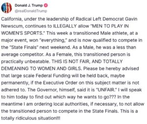Trump amenaza con retirar fondos federales a California por permitir participación de personas trans en deportes femeninos