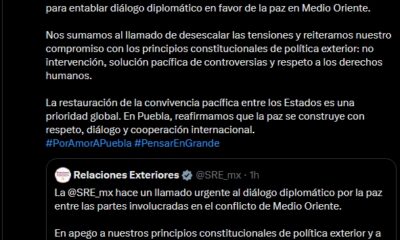 Desde el Gobierno de Puebla, encabezado por el mandatario @armentapuebla_ , expresamos nuestro respaldo a la política exterior impulsada por la presidenta @Claudiashein y a la postura de la @SRE_mx para entablar diálogo diplomático en favor de la paz en Medio Oriente.
