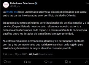 México pide diálogo y paz ante escalada de tensión en Medio Oriente