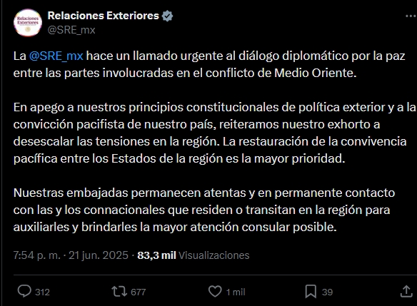 México pide diálogo y paz ante escalada de tensión en Medio Oriente
