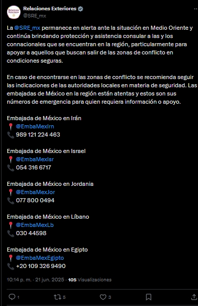 La cancillería ofrece asistencia consular y recomienda precaución a mexicanos en zonas afectadas.
