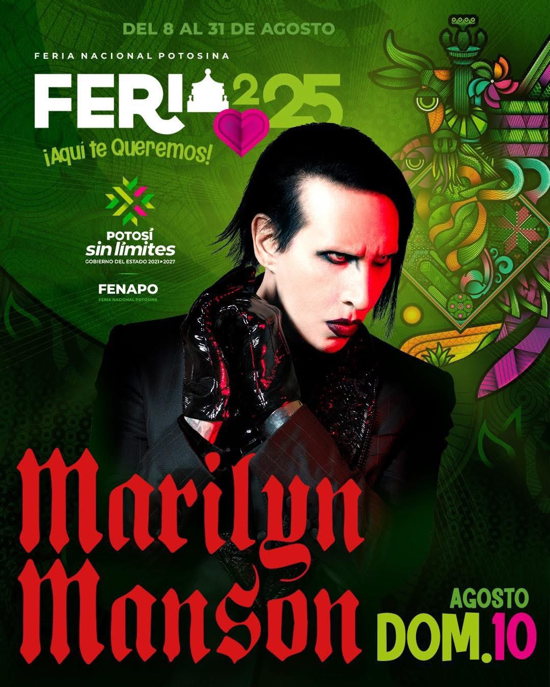 Marilyn Manson en México 🇲🇽 El cantante se presentará el 10 de agosto en la Feria Nacional Potosina en, San Luis Potosí