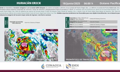 “Erick” se ubica a 335 km de las costas de Oaxaca y Guerrero. En 24 horas podría ser huracán categoría 2. Autoridades activan planes de emergencia.