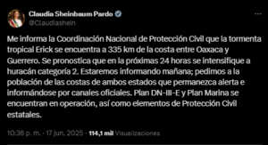 Tormenta “Erick” se intensifica y podría convertirse en huracán categoría 2. Protección Civil activa el Plan DN-III-E y Plan Marina en zonas costeras.