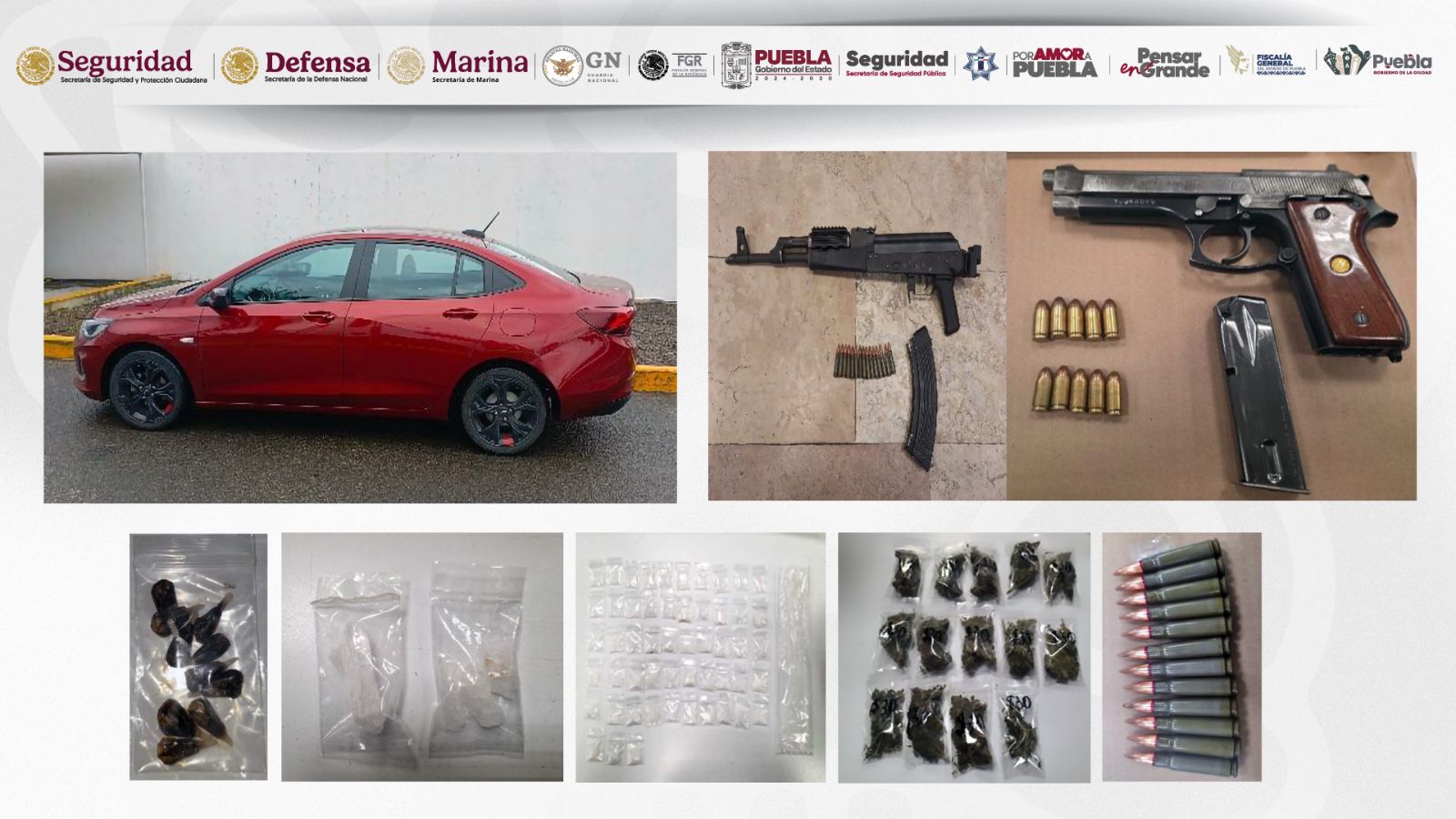 Célula delictiva desarticulada en Puebla: cinco detenidos, entre ellos “El Bicho”, líder criminal. Aseguran armas, droga y equipo móvil.