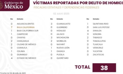 Fiscalías estatales informaron de 38 víctimas de homicidio; Baja California y Sinaloa con más casos. Puebla, Hidalgo y Veracruz no registraron.