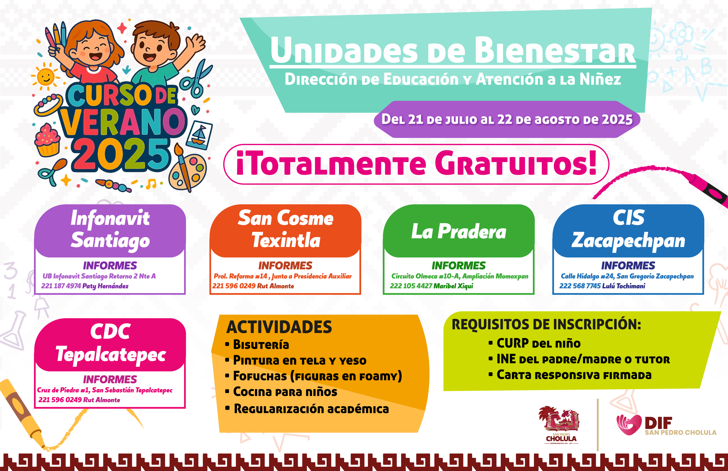Del 21 de julio al 22 de agosto, niñas y niños disfrutarán talleres gratuitos en las Unidades de Bienestar del DIF San Pedro Cholula.
