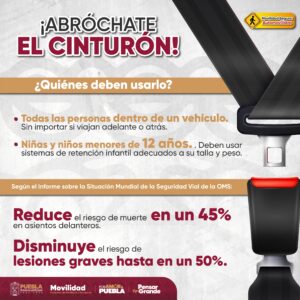 Con campaña preventiva, el Gobierno de Puebla promueve el uso del cinturón y sistemas de retención infantil para garantizar una movilidad segura.