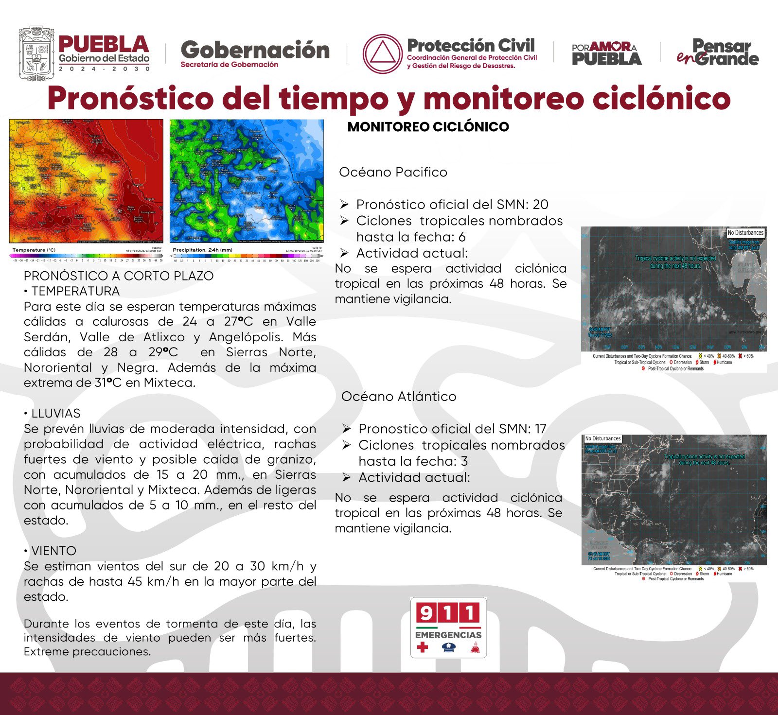 Protección Civil advierte ambiente caluroso, lluvias con tormentas eléctricas, granizo y rachas de viento de hasta 45 km/h en gran parte del estado.