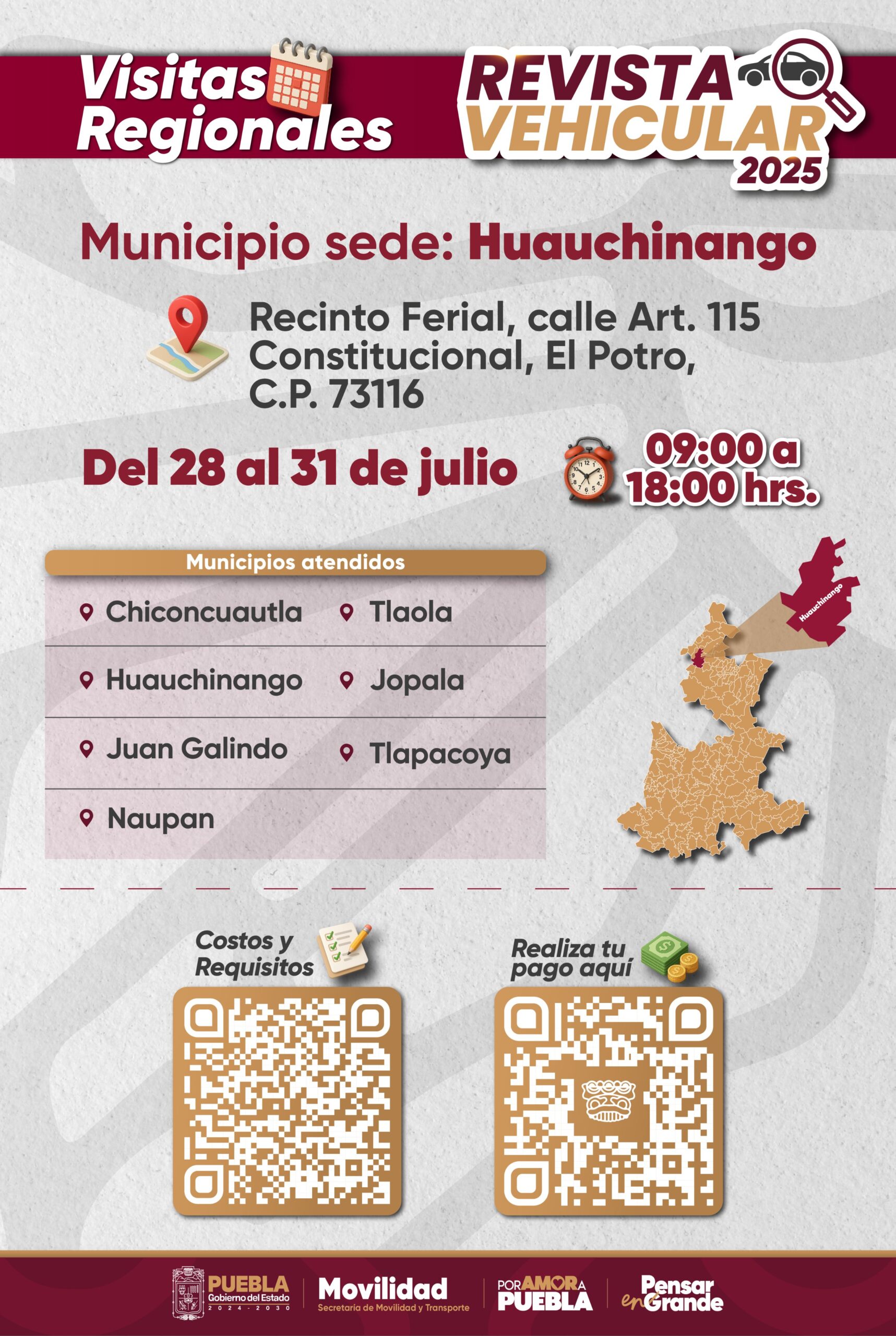 : No pierdas la oportunidad. Hoy concluyen las Visitas Regionales de la Revista Vehicular 2025 en Huauchinango. Revisa requisitos y paga con los códigos QR. Impulsa @armentapuebla_.