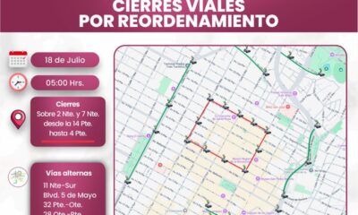 Desde las 5:00 h del 18 de julio habrá cierres en la 2 y 7 Norte, entre la 14 y 4 Poniente. Tránsito dará apoyo; toma vías alternas.