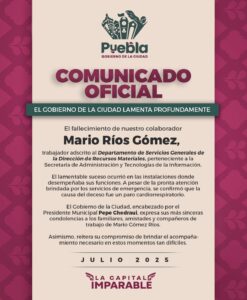 El Ayuntamiento confirmó el fallecimiento de Mario Ríos Gómez, empleado de Servicios Generales; el deceso habría sido por paro cardiorrespiratorio.