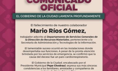 El Ayuntamiento confirmó el fallecimiento de Mario Ríos Gómez, empleado de Servicios Generales; el deceso habría sido por paro cardiorrespiratorio.