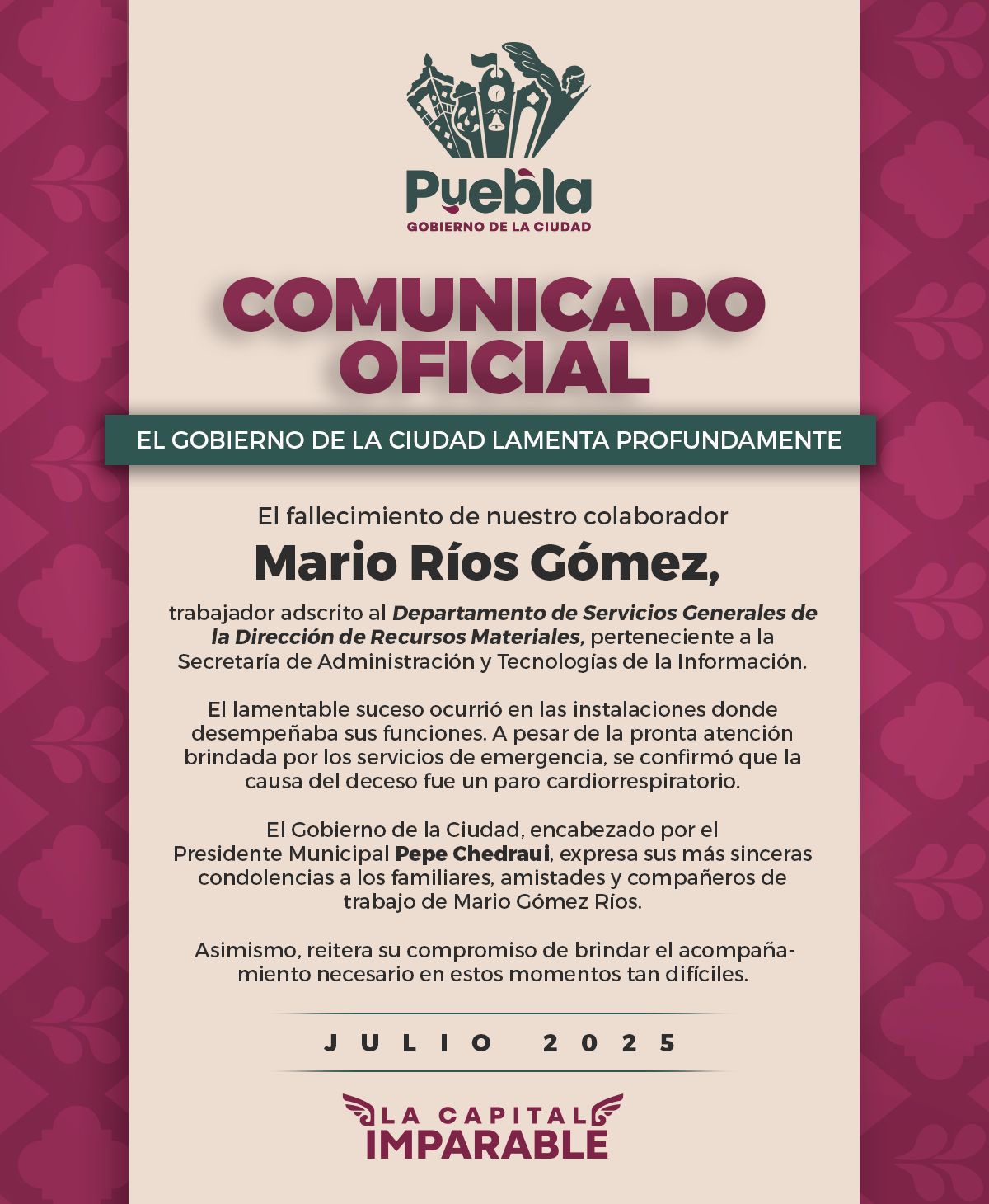 El Ayuntamiento confirmó el fallecimiento de Mario Ríos Gómez, empleado de Servicios Generales; el deceso habría sido por paro cardiorrespiratorio.