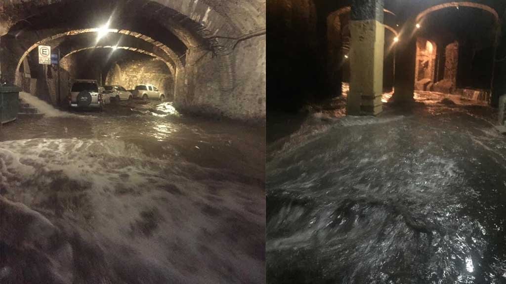 Lluvias intensas provocan inundaciones en la capital de Guanajuato; la calle subterránea colapsó y dos presas están al borde del desbordamiento.