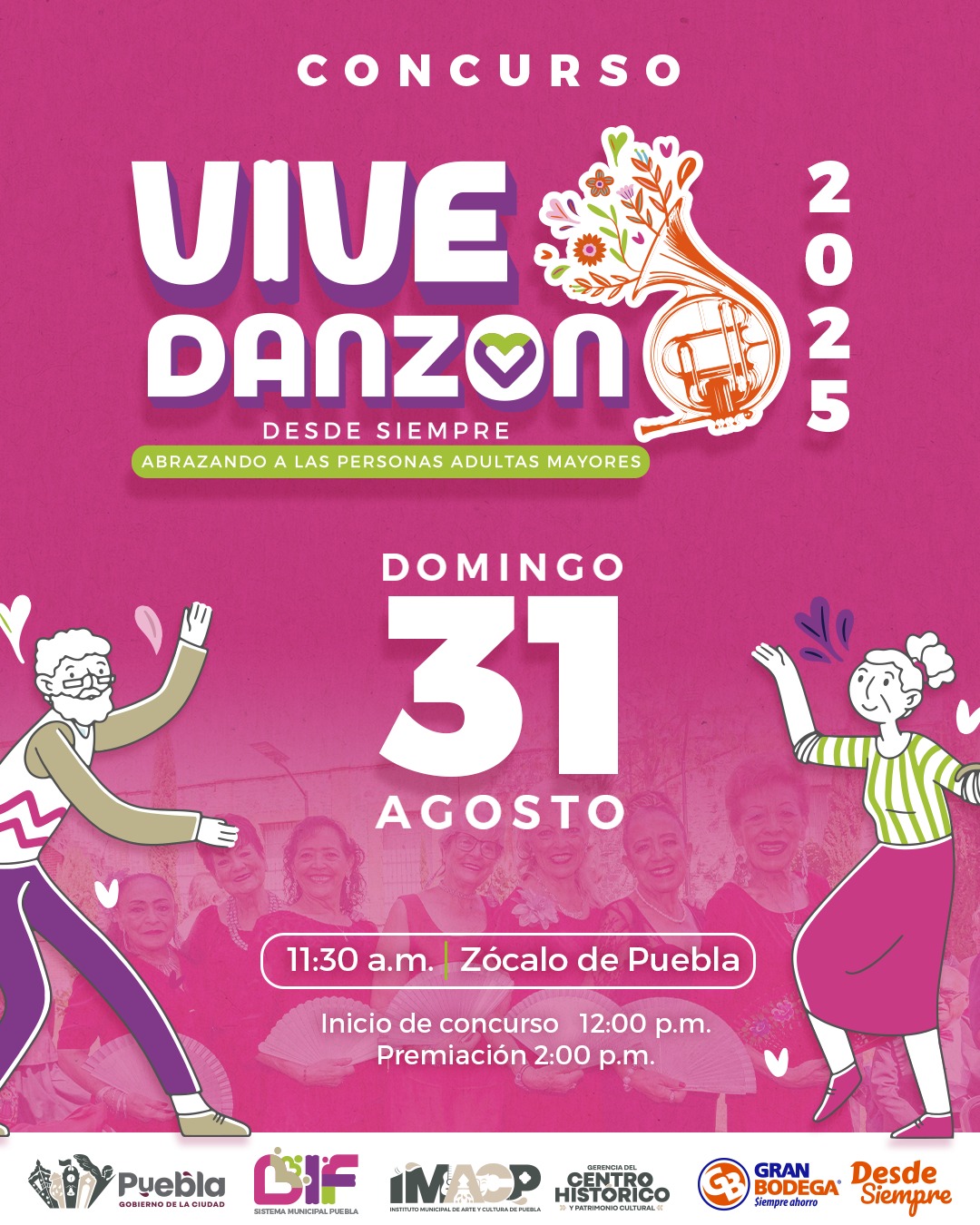El SMDIF Puebla convoca a parejas de adultos mayores al primer “Vive Danzón 2025”, el 31 de agosto en el Zócalo capitalino.