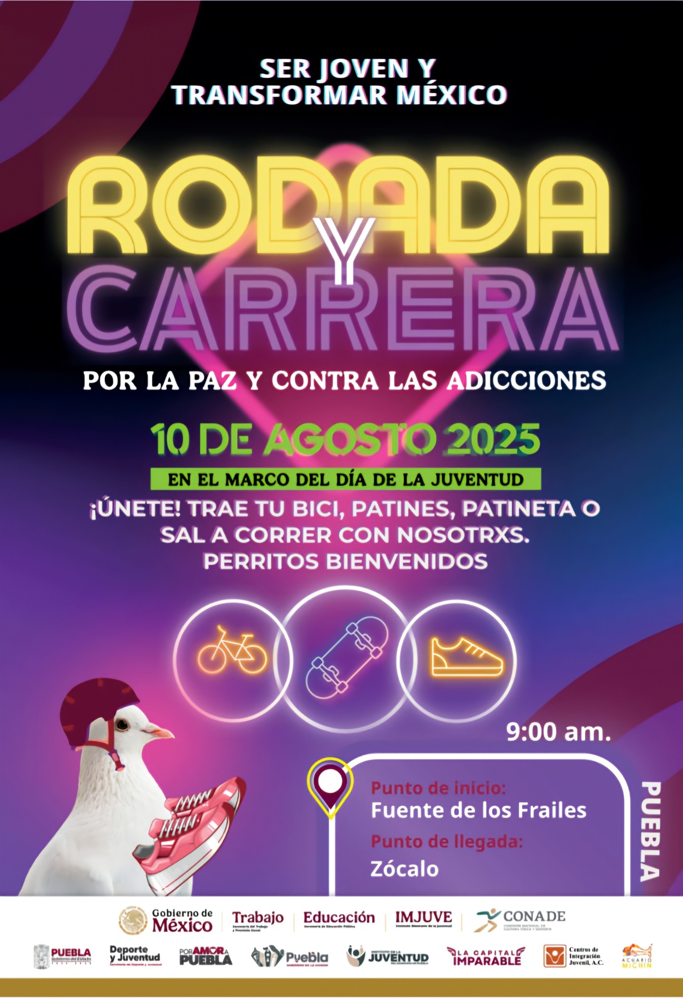 La Rodada y Carrera por la Paz y contra las adicciones arrancará en la Fuente de los Frailes y terminará en el Zócalo. Perritos también son bienvenidos.