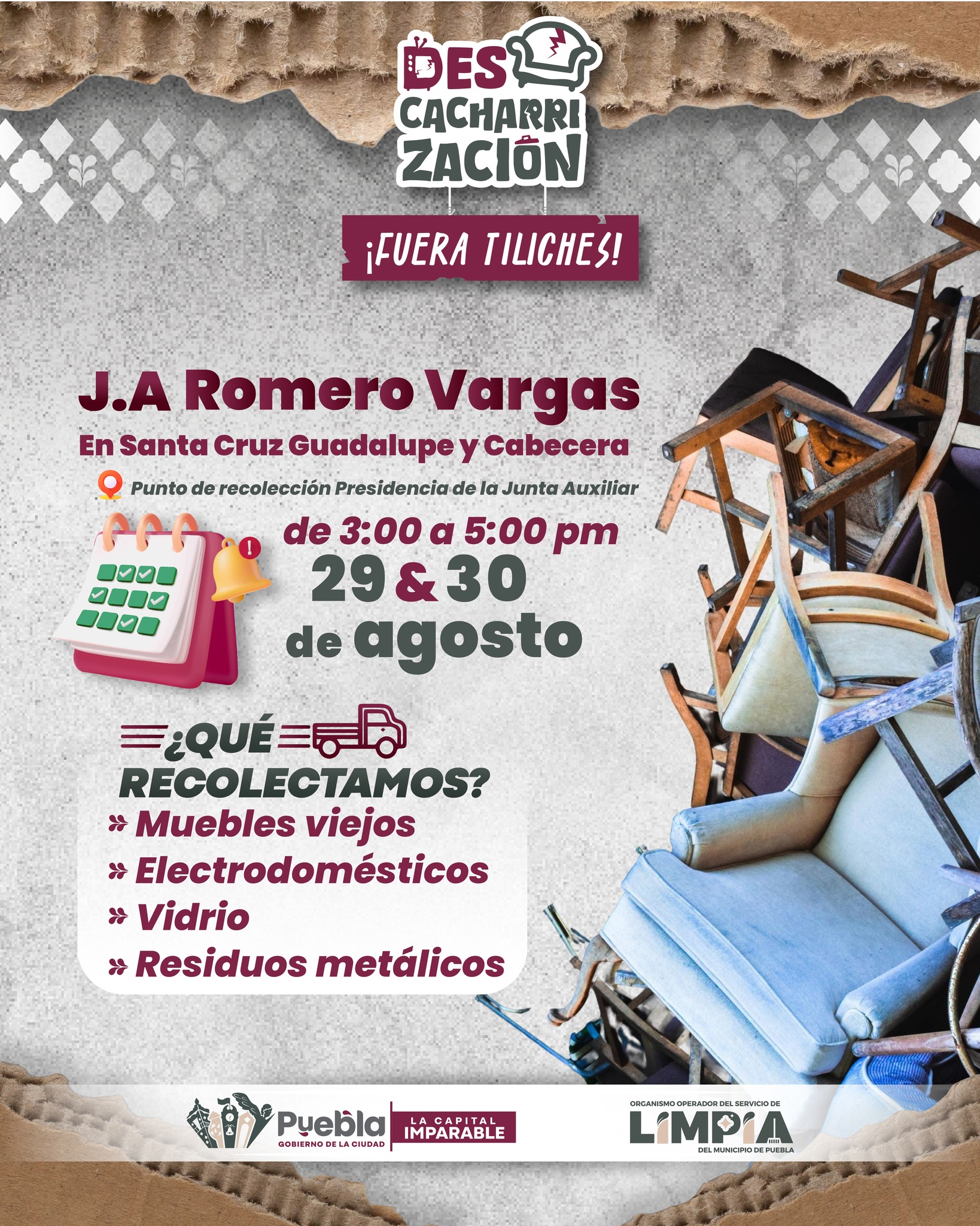 El 29 y 30 de agosto en la J.A. Romero Vargas se recolectarán muebles, electrodomésticos, vidrio y residuos metálicos de 3 a 5 p.m.