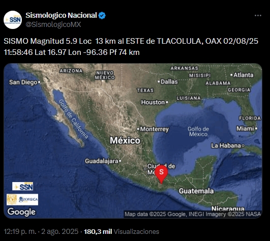 Sismo de 5.9 en Oaxaca deja un lesionado por caída de cornisa; no hay réplicas significativas y Protección Civil mantiene vigilancia activa.