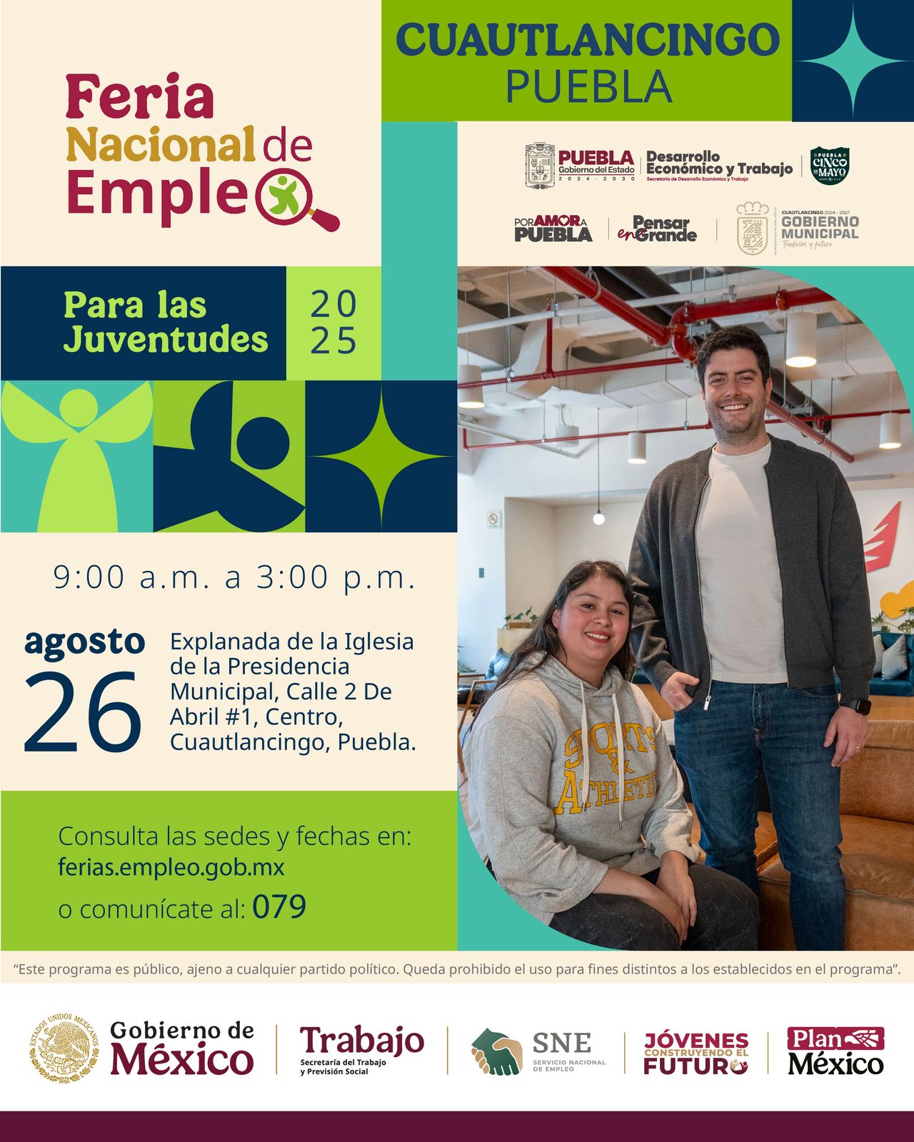 La Feria Nacional de Empleo para las Juventudes ofrecerá 589 plazas en seguridad y más opciones laborales este 26 de agosto en Cuautlancingo.