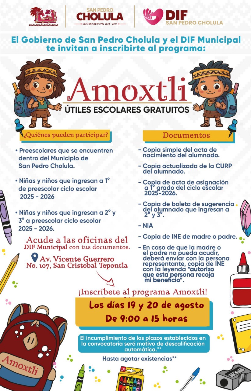 Alumnado de primaria recibirá mochilas y materiales escolares; el registro se realiza el 19 y 20 de agosto de 9:00 a 15:00 horas.
