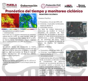 Prevén lluvias fuertes, granizo y actividad eléctrica en Puebla