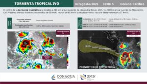 La tormenta tropical Ivo se desplaza cerca de Guerrero y Michoacán. Se esperan lluvias torrenciales, oleaje elevado y vientos de hasta 85 km/h.