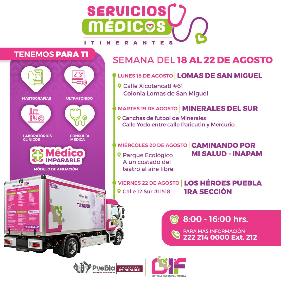 El DIF Puebla Capital llevará los Servicios Médicos Itinerantes a colonias del sur con consultas, mastografías, ultrasonidos y laboratorios gratuitos.