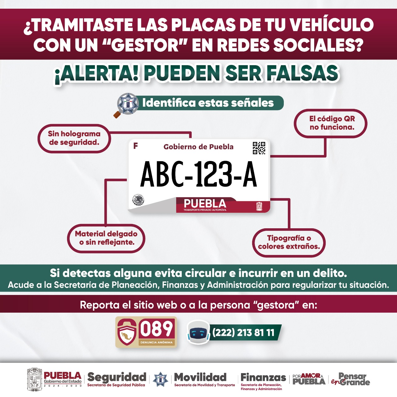 La SSP exhorta a realizar trámites solo en oficinas oficiales para evitar fraudes y delitos por uso de placas vehiculares falsas.