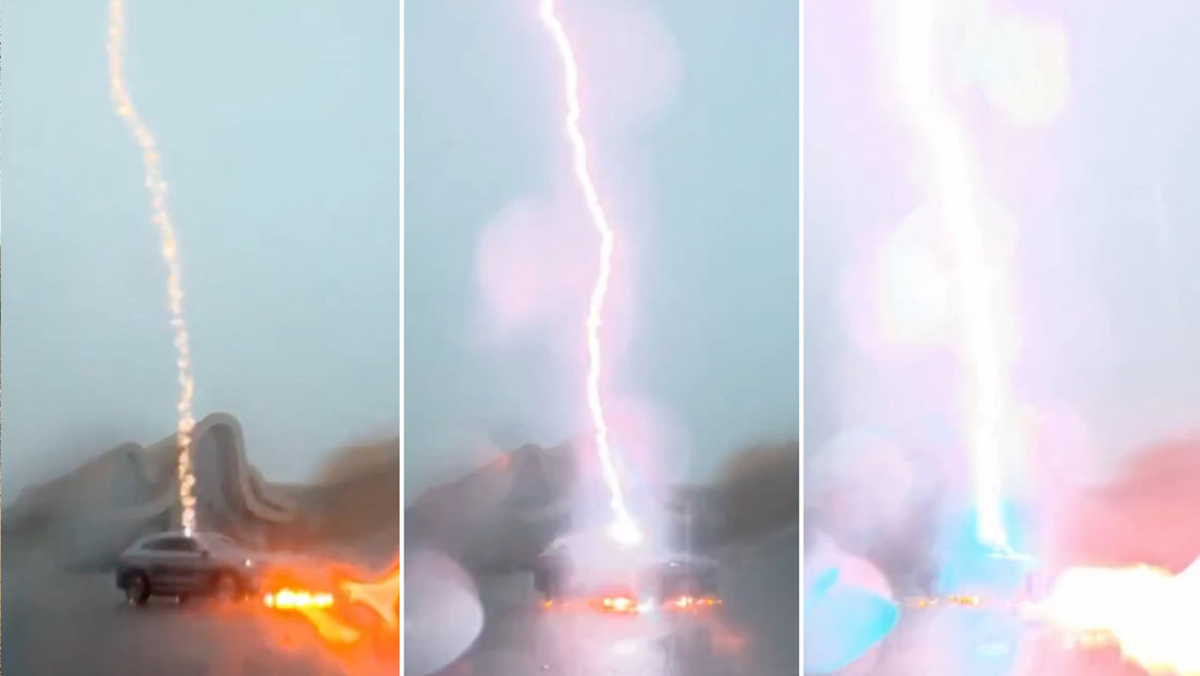 En Beihai, China, un rayo alcanzó a un auto en movimiento durante una tormenta. El vehículo se detuvo, aunque siguió operativo tras el impacto.