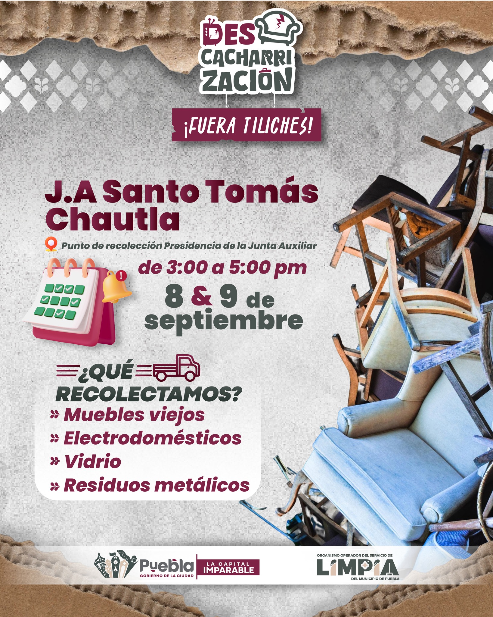 El Ayuntamiento de Puebla invita a la jornada de descacharrización en Santo Tomás Chautla. Lleva tiliches, muebles, vidrio y más.