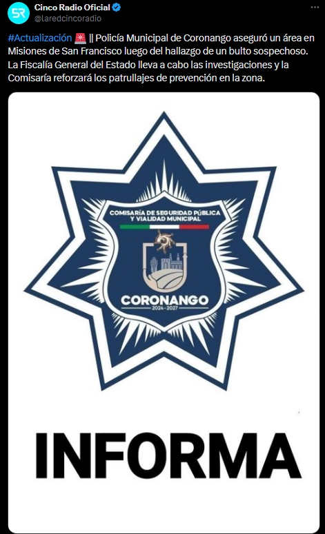 Aseguran área en Misiones de San Francisco por hallazgo de bulto sospechoso