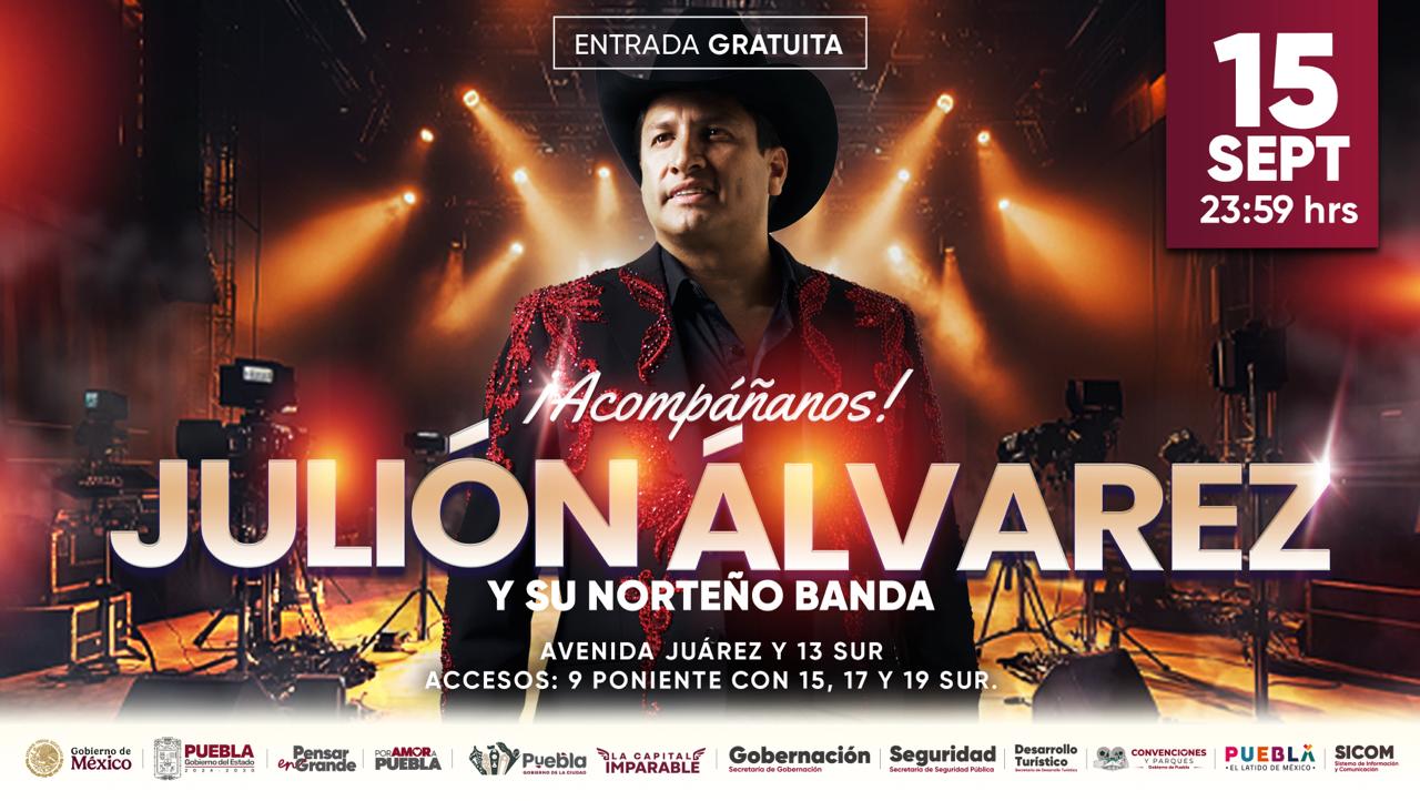 Puebla, Pue., 8 de septiembre de 2025.– Las festividades del 15 de septiembre en Puebla contarán con un espectáculo especial para el público: un concierto gratuito de Julión Álvarez en la Avenida Juárez con 13 Sur, que iniciará a las 23:59 horas. Los accesos estarán habilitados por la 9 Poniente con 15, 17 y 19 Sur. La presentación forma parte de las celebraciones del Grito de Independencia y se enmarca dentro del Primer Corredor Patrio en el Paseo Bravo, organizado por el gobierno estatal. El gobernador Alejandro Armenta Mier y el Gobierno del Estado de Puebla invitan a la ciudadanía a disfrutar de estas actividades culturales y cívicas, que buscan reforzar el orgullo patrio y la convivencia familiar.