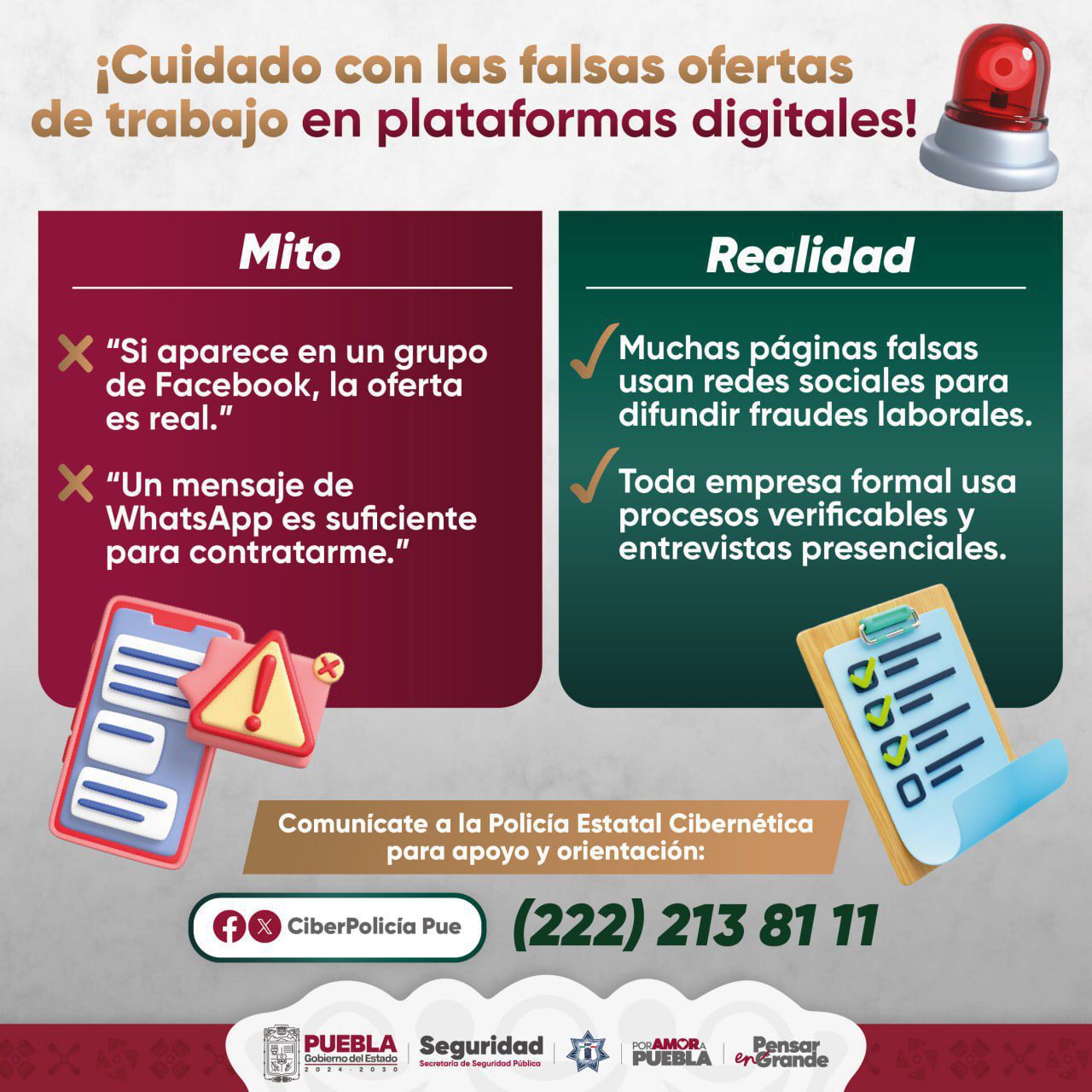 La SSP Puebla recomienda verificar empresas, no dar datos personales y reportar ofertas sospechosas a la Policía Cibernética.