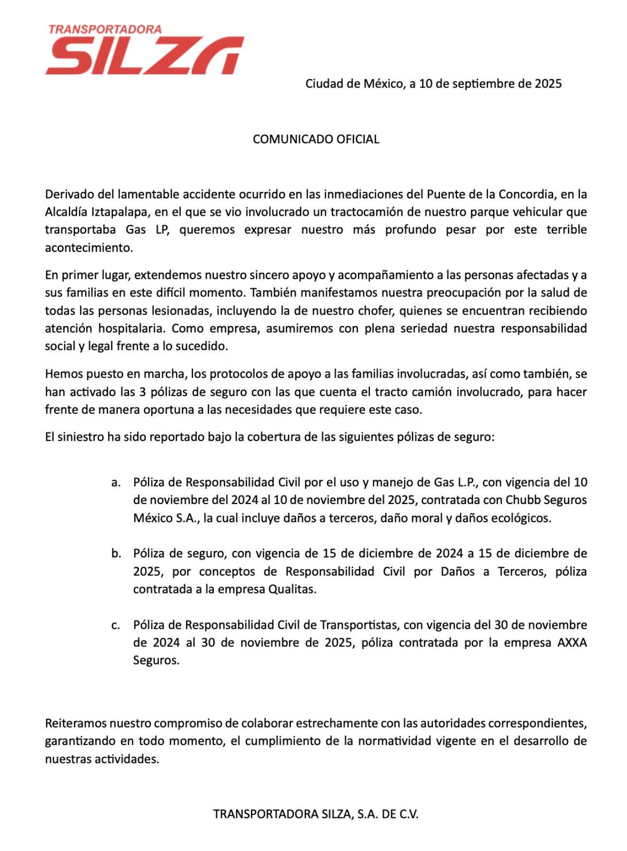 La empresa activó tres pólizas de seguro y asegura su colaboración con autoridades tras el accidente de un tractocamión de gas LP en Iztapalapa.