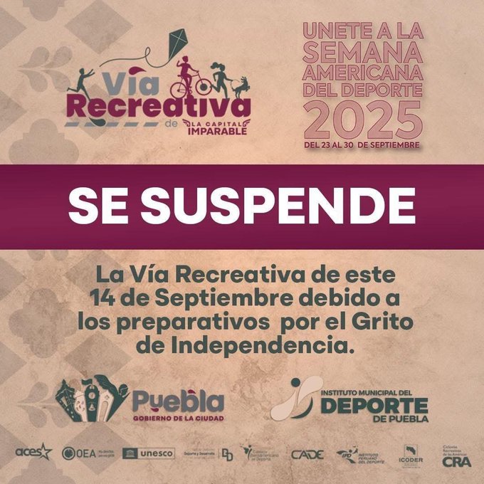 El Ayuntamiento de Puebla informó que la Vía Recreativa no se llevará a cabo este 15 de septiembre debido a los preparativos del Grito de Independencia. La actividad se reanudará el próximo domingo.