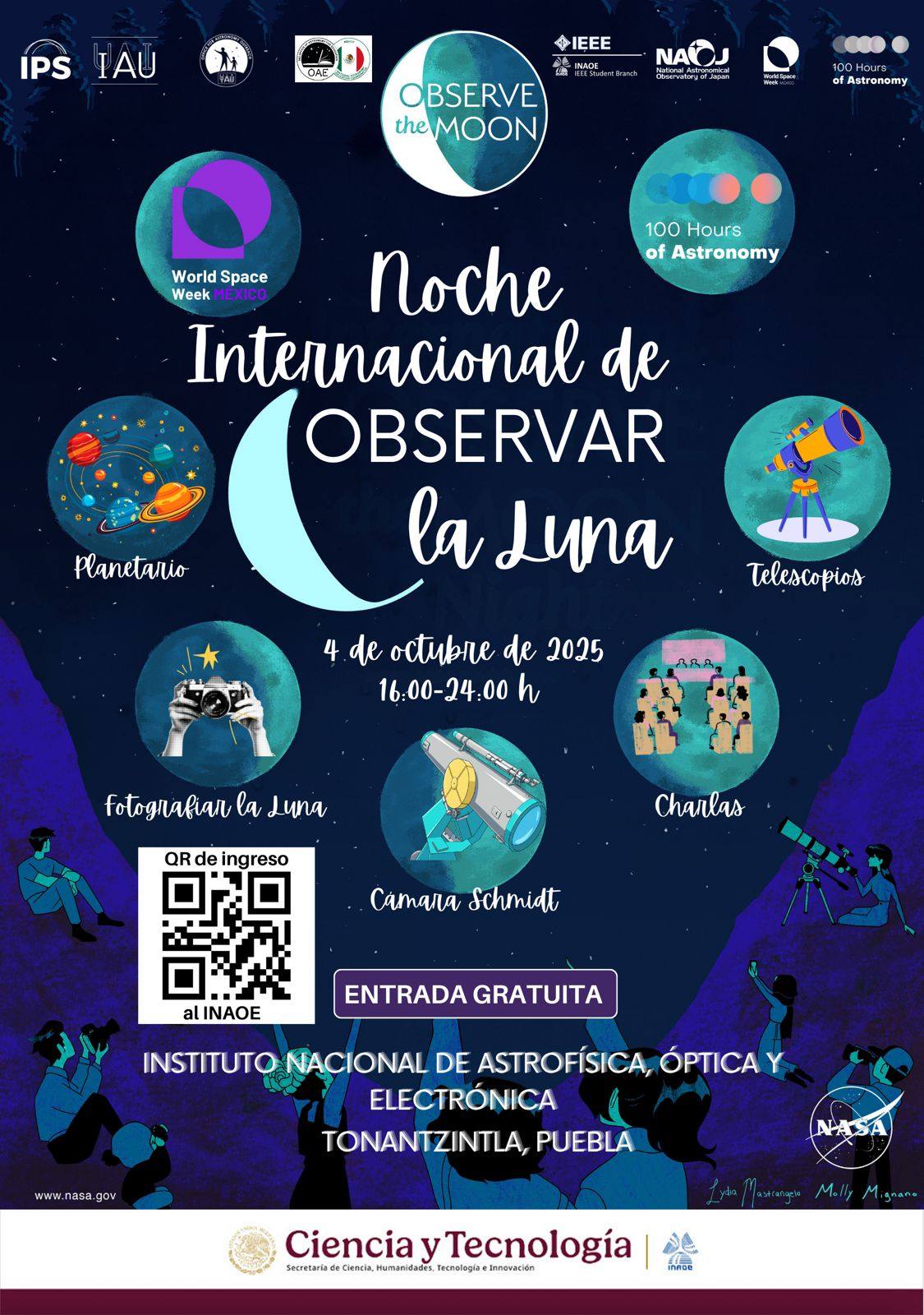 #100HorasDeAstronomía, #SemanaMundialDelEspacio y #ObservaciónDeLaLuna tendrán actividades en INAOE, Museo de la Evolución y Planetario.