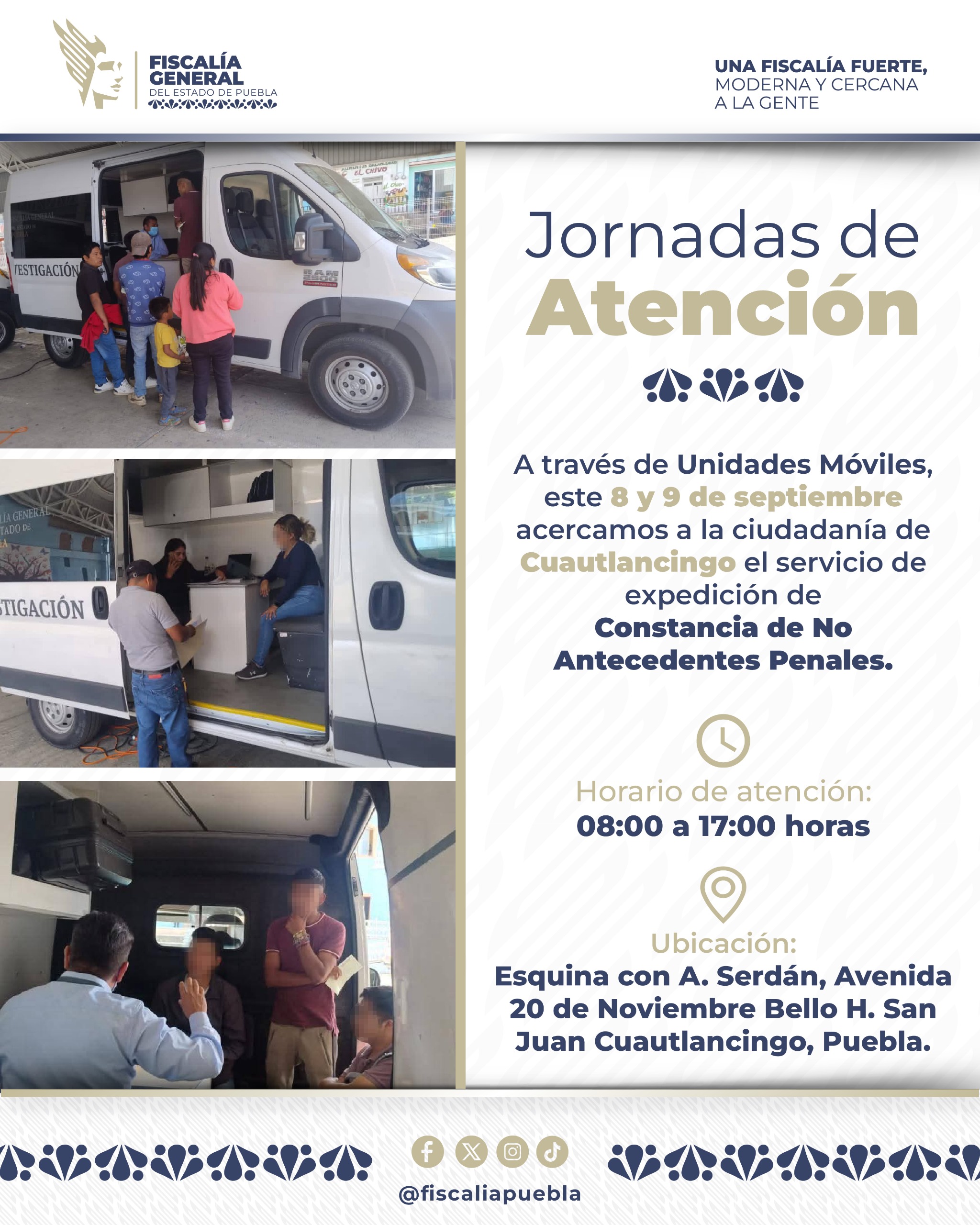 La FGE llevó su Unidad Móvil a Cuautlancingo para expedir constancias de no antecedentes penales los días 8 y 9 de septiembre de 08:00 a 17:00 h.