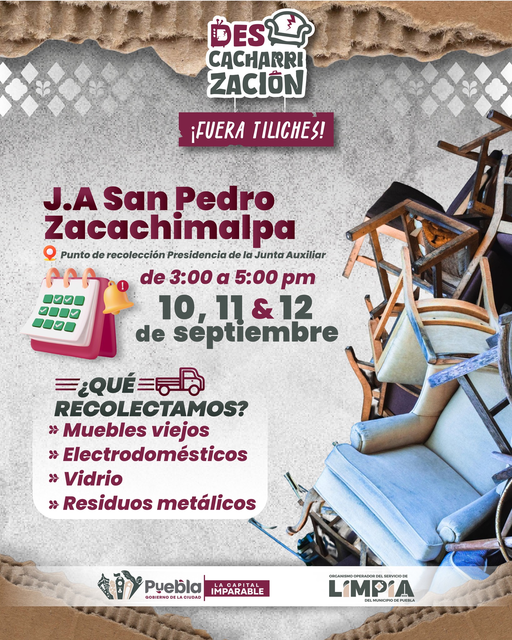 La Presidencia Auxiliar será punto de recolección de 3 a 5 pm, donde se recibirán muebles, electrodomésticos, vidrio y residuos metálicos.