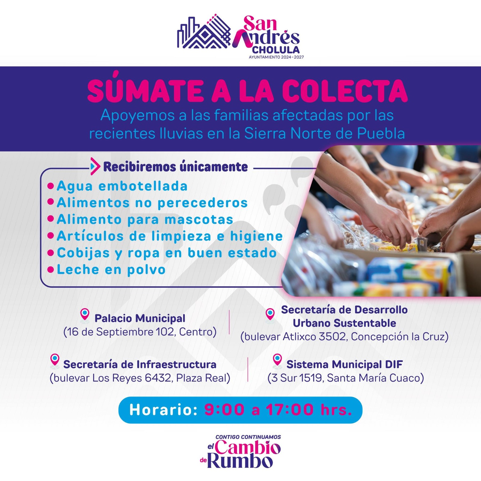 San Andrés Cholula habilita centros de acopio de 9:00 a 17:00 para ayudar a familias afectadas por lluvias en la Sierra Norte de Puebla.