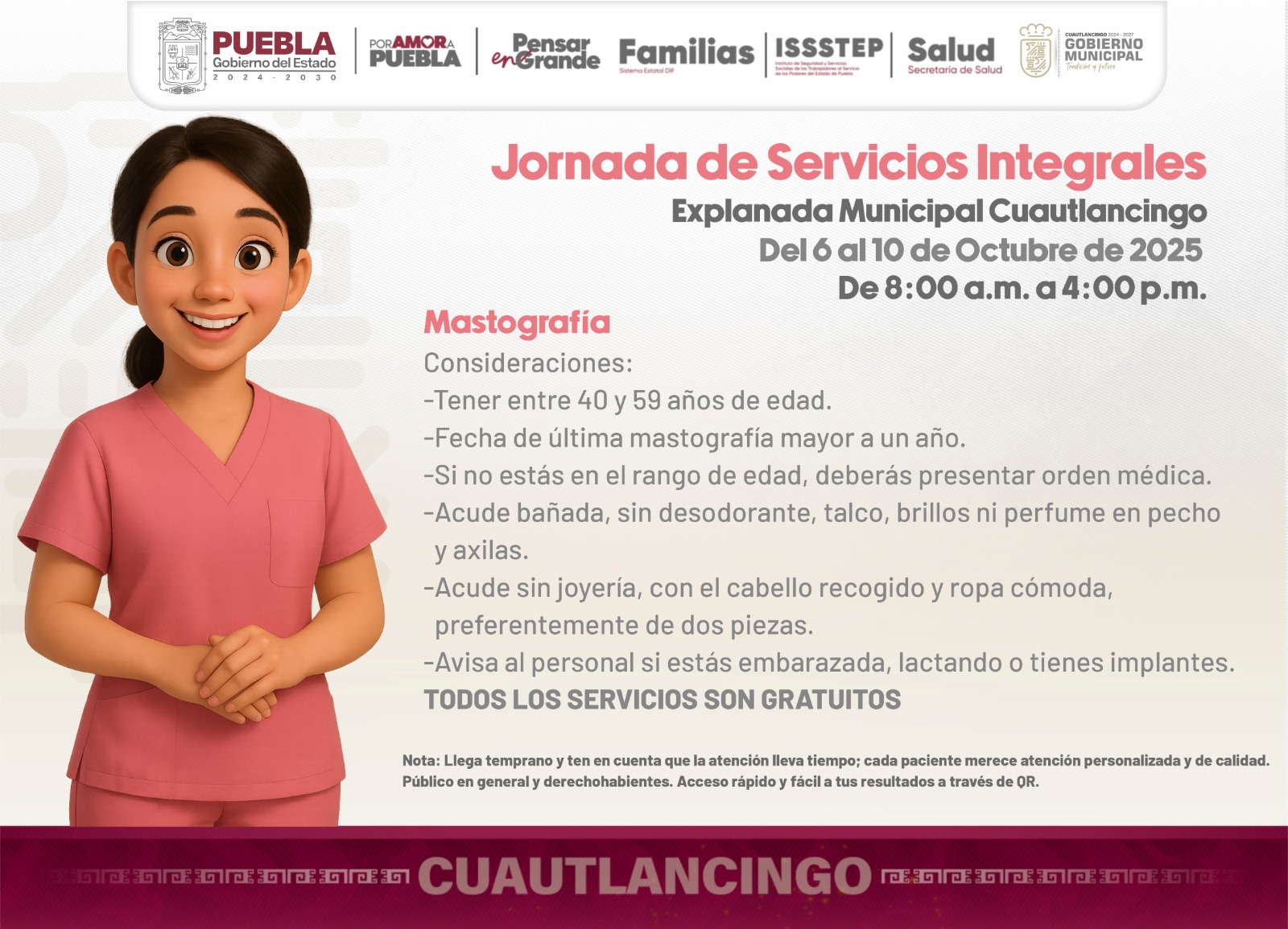 El gobierno de Cuautlancingo, en coordinación con la Secretaría de Salud y el ISSSTEP, brindará consultas y estudios gratuitos a la población.